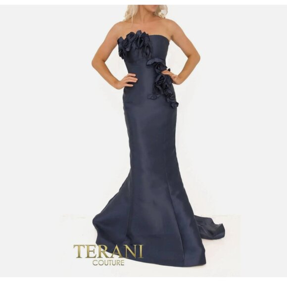 Terani couture 241E2512 3D Floral Strapless Mikado Column Evening Dress - Picture 1 of 8